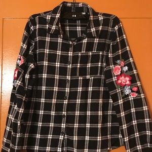 Black and White Plaid Top with Embroidery